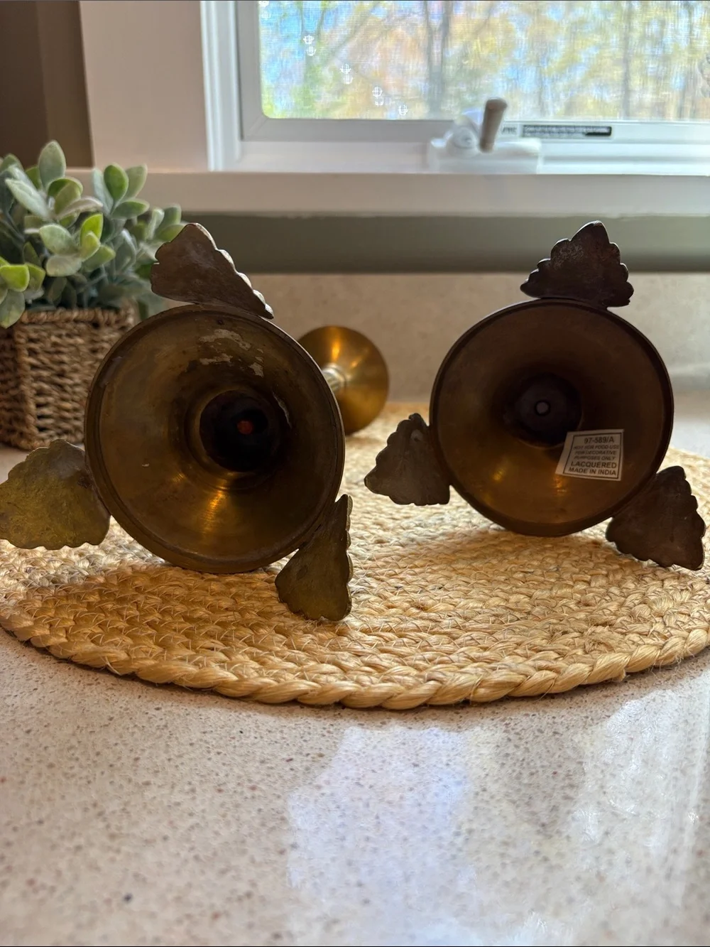 Pair of Vintage Brass Candlesticks Leaf Footed w/ Ruby Colored Gemstone